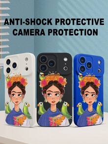 1 pieza Funda de teléfono con diseño de FridaKahlo con flores y loros, estilo artístico mexicano ideal para celebraciones festivas, moda urbana creativa, protección elevada para lente con diseño de ojo, resistente a golpes, compatible con iPhone17 ProMax/16/15/14/13/12/11/Plus/Pro/ProMax, compatible con Galaxy A34/A35/A54/A55, Galaxy S20/S21/S22/S23/S24/S25 Ultra/Plus, compatible con Galaxy/Redmi/Honor/OPPO/ViVo - Negro - Ver 8