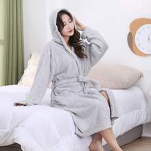 1pc Women Student Solid Color Jacquard Coral Fleece Soft Absorbent Warm Casual Home Cute Hooded Bathrobe Bath Robe Morning Robe Long Robe Loungewear Bathing Swimming Travel Personal Use Gift - Multicolor - View 7