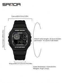 SANDA. Reloj electrónico de hombre de moda SANDA 2202, multifuncional, resistente al agua, LED, pantalla única, reloj electrónico cuadrado pequeño - Blanco y Negro - Ver 4