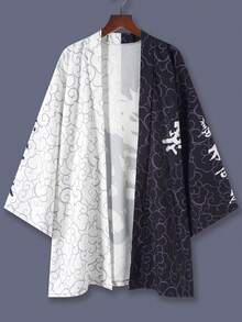 宽松街头风休闲衬衫，日式和服式七分袖长袍，黑白正邪图案轻薄夏季罩衫，适合情侣、游客、海滩、团体制服、角色扮演、派对服装等场合，春季必备。 - 黑色 - 查看 2