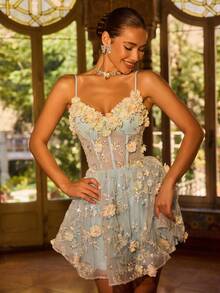 Faeriesty Luxury Elegant Spaghetti Strap Mini Evening Dress With 3D Floral Embroidery, Open Back Design And Fluffy Skirt, Perfect For Wedding Guests, Parties And Evening Events - Baby Blue - View 8