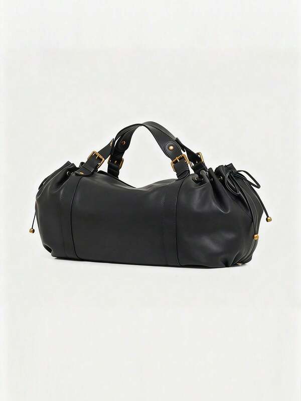 Sac Boston pour femmes, sac à main minimaliste à cordon coulissant de couleur unie, sac fourre-tout à bandoulière pour navetteurs, en cuir PU doux