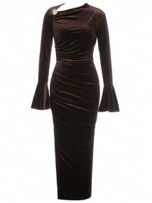 Fashion Sexy Elegant Long Sleeve Maxi Long Bodycon Dress Fall And Winter Embellished Velvet Dress Brown Going Out Evening Cocktail Party Dress For Women Clothes - Brown - View 7