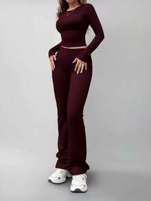 Conjunto casual de camiseta de manga larga de cuello redondo y pantalones para mujer, versátil para la primavera - Rojo violeta - Ver 3