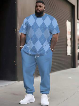 Plus size herrset med geometriskt diamantmönster, rund halsringad kortärmad topp i kombination med dragskobyxor, trendig 2-delad outfit