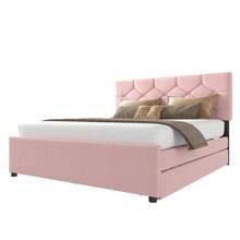 Upholstered Bed, 90x200cm, Bed With Slatted Base (Without Mattress), Bed With Storage Container, Velvet, Minimalist, Pink - Pink + Velvet + 140cm*200cm - View 6