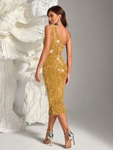 Đầm dạ hội lệch vai ôm sát, đính sequin lấp lánh, sang trọng, thích hợp cho đám cưới mùa xuân. - Vàng - Xem 2