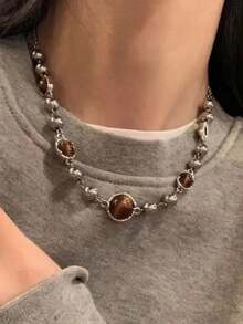 Retro Temperament Layered Tiger Eye Stone Pendant Necklace For Women Stainless Steel Double-Layer Collarbone Chain Sets Jewelry,Ladies' Daily Party Accessories, Fashionable Jewelry, Best Friend Gifts(Natural Stone Color Random) - Brown - View 11