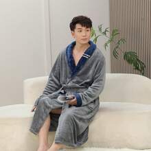 1 pezzo Accappatoio unisex per coppia e studenti, in flanella morbida e calda, casual da casa, con patchwork bicolore, colore unito, carino, con collo a revers, accappatoio da bagno, accappatoio da mattina, accappatoio lungo, abbigliamento da relax, per bagno, nuoto, viaggio, uso personale, regalo - Multicolore - Visualizzare 7