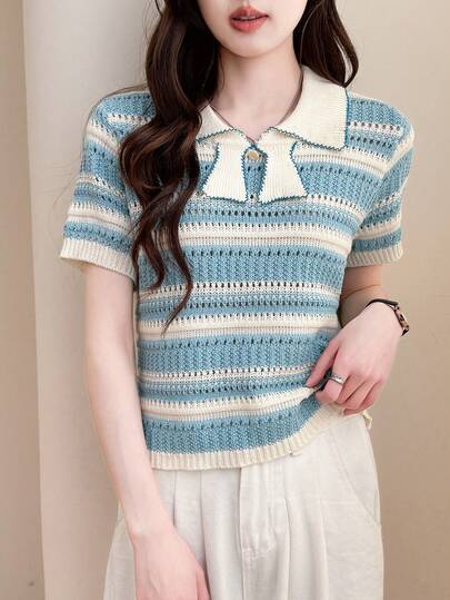 女士柔和条纹领针织短袖上衣，休闲可爱优雅的设计