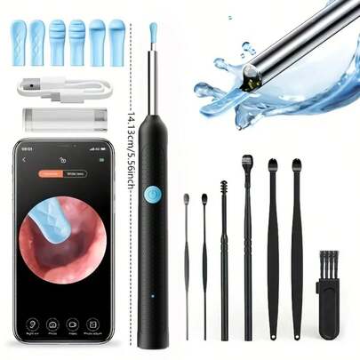 Un kit de limpieza de oídos que contiene 7 accesorios: un limpiador de oídos visual (con cámara, luz y 6 herramientas de limpieza de oídos) - Esta es una herramienta de limpieza de oídos recargable con una batería de litio, libre de formaldehído, metal, plástico y sustancias nocivas - un producto segur y fácil de usar adecuado para el cuidado de los oídos en el hogar, moderno y bonito, robusto y duradero, capaz de eliminar la cera del oído, elegantemente diseñado, fabricado con materiales de alta calidad, adecuado para usuarios domésticos.