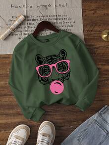 Women's Autumn Tiger Print Crew Neck Sweatshirt, Casual Loose Versatile Holiday Style Top, Suitable For Daily Wear, Autumn/Winter Fashion - Light Green - View 2