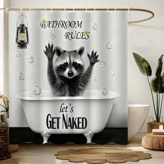1pc Funny Raccoon Pattern Shower Curtain With Hooks, Waterproof Machine Washable Shower Curtain, Bathroom Accessories, Home Decoration,Bathroom Decor And Accessories,Room Decor,Suitable For Home, Hotel, Vacation, Gift