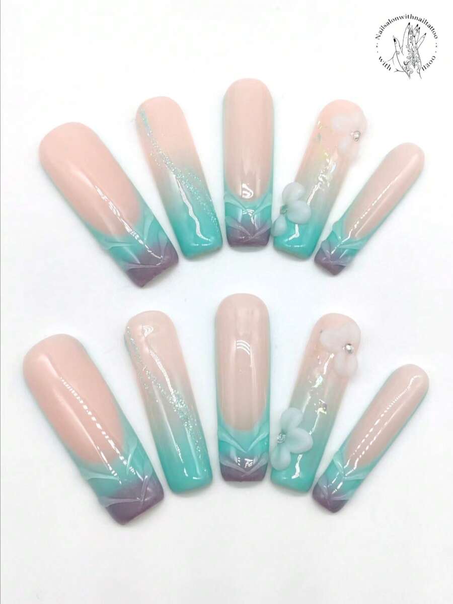 10 Pieces Of Pure Manual Pressed Nail, 45mm Long Nail Plate, Pink And White Transparent Nail Plate, Blue-Purple Gradient Fingertip Part, Convex Lines, Raised White Petal Rhinestone Embellishment, Flash Pink Lines. Cute Nail Plate, Suitable For Daily Leisure And Vacation, Wearing At Banquets, Parties, Shows And Other Activities. - Multicolor - View 1