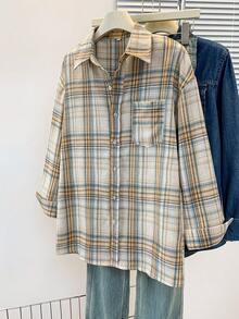 YUXIN 复古美式格子长袖衬衫，别致宽松休闲衬衫，带有设计细节，适合春秋季节