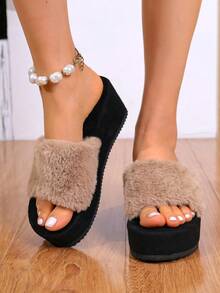 厚底露趾毛绒拖鞋，休闲居家拖鞋，防滑时尚，适合春秋季穿着，大码尺码 - 卡其色 - 查看 1