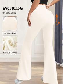 1pc Women's High-Waisted Flare Pants, Solid Black Wide Leg Skinny Fit Comfortable Casual Stretch Trousers For Dance & Yoga - Creamy White - View 3