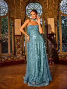 Faeriesty 奢华亮片串珠美人鱼晚礼服，搭配薄纱披肩，精致鱼鳞串珠工艺 | 奢华优雅的正式设计 | 完美适用于红毯活动、婚礼、盛大晚宴和高端晚宴，亦可作为女士生日礼服、夏季假日派对春季装扮。 - 綠色 - 查看 7