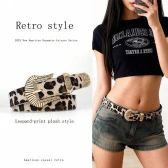 1条豹纹印花休闲性感街头派对复古PU皮女士腰带，适合搭配连衣裙、休闲外出，四季皆宜。