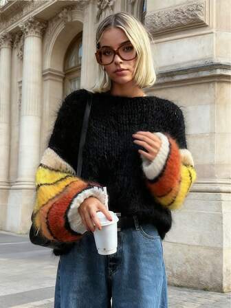 秋季女装丝绸马海毛彩色条纹灯笼袖，加大码套头衫，多色毛衣，宽松毛衣，马海毛毛衣校服可爱上衣女装返校节 Y2k 服装 Streetweat 老钱风格女装教师装