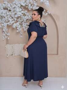 Women's Plus Size Midi Dress With Lined Square Neckline, Short Sleeves, Shoulder Tie, Padded Cups And Elastic Back In Duna Linen - Elegant Fashion Party Dress - 藏蓝色 - 查看 5