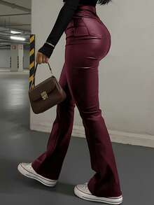 Black High Waist Flared Coated Faux Leather Pants, Slim Fit Flattering, American Beauty Style, Spring Season - Burgundy - View 3