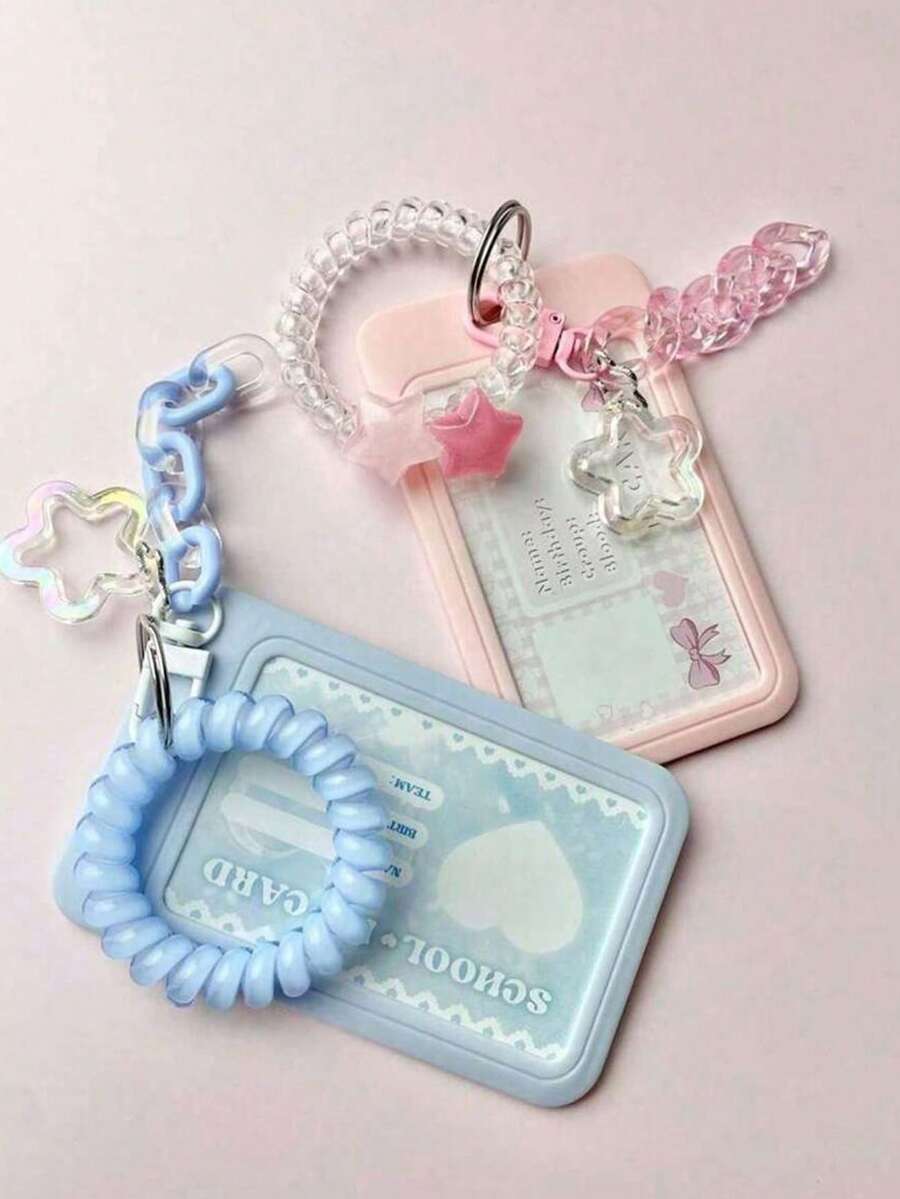 Transparent Pink Star-Shaped Pendant Keychain Card Holder/Photo Holder, Durable Clear ID Card Clip Macaron Color Acrylic Decorative Chain Keychain DIY Pendant Jelly Color High Elasticity Telephone Wire Hair Scrunchies, Detachable - Multicolor - View 1