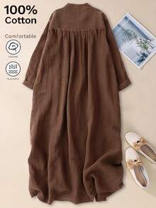 女式 V 领前开式休闲优雅 3/4 袖宽松中长连衣裙，适合春秋季节 - 棕色 - 查看 3