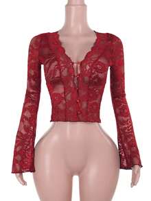Neue sexy Bluse mit V-Ausschnitt, Spitze und transparentem Design für Herbst und Winter - weinrot - Übersicht 1