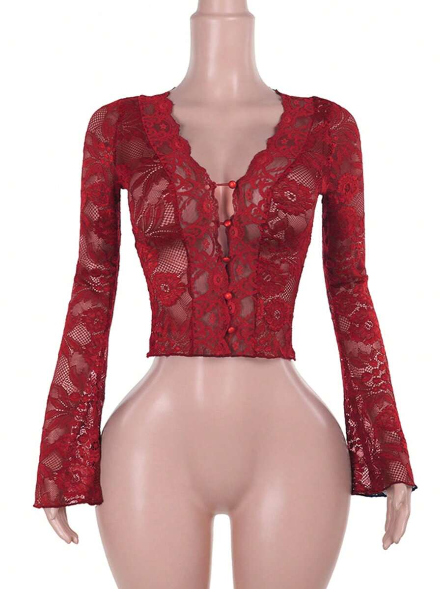 Neue sexy Bluse mit V-Ausschnitt, Spitze und transparentem Design für Herbst und Winter - weinrot - Übersicht 1