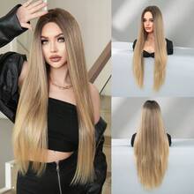 7JHH WIGS 34 英寸渐变金色假发，女士超长直发，优雅蓬松无刘海中分假发，超柔软合成耐热纤维发，漂亮全机发假发适合时尚女孩日常、动漫或服装角色扮演装饰、音乐节舞会街头穿着、母亲节礼物