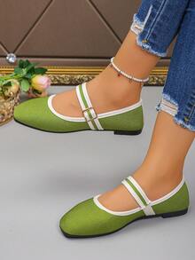 大码 35-43 时尚方头平底鞋，休闲套脚搭扣鞋，适合搭配连衣裙，春秋季，随机图案 - 草綠色細紋布面 - 查看 4