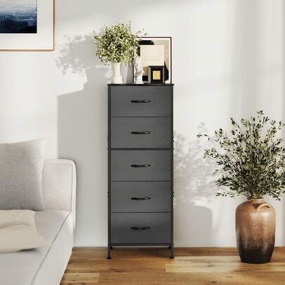 Dresser For Bedroom With 5 Drawers, Tall Dresser Vertical Storage Tower, Sturdy Metal Frame, Fabric Storage Bins With Placstic Handle And Wooden Top, Organizer Unit For Closet/Hallway