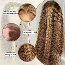 Uveous 13x4 Highlight Deep Wave Lace Front Wigs Human Hair 250% Density Deep Curly Human Hair Wig Pre Plucked P4/27 Ombre HD Lace Frontal Wigs With Baby Hair For Women - SP4/27 - 查看 6
