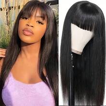 14 Inch Bob Wig With Bangs,200 Density None Lace Front Straight Human Hair Wig All Ready Wigs Glue Less Fashion Silky Soft Smooth Straight Hair Machine Made Bangs Wig,Natural Color(Short Bob Wig 8-14inch) - Natural Black - Xem 4