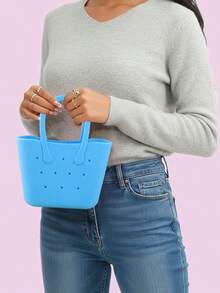 Women's Rubber DIY Tote Bag Portable Solid Color Handbag With Double Handles For Thanksgiving Gifts - 藍色 - 查看 3