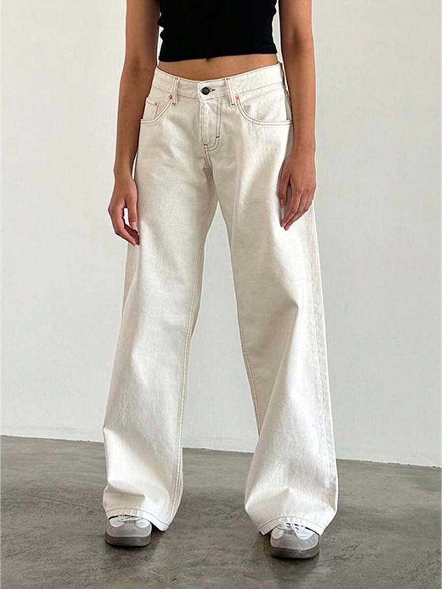 Women Wide Leg Jeans Low Rise Baggy Straight Leg Jeans Loose Boyfriend Jeans Casual Denim Pants Y2k Streetwear - trắng - Xem 1