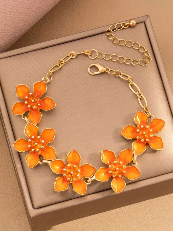 1pc Fashionable Creative Beach Vacation Style Metal Orange Flower Oil Drop Five-Petal Flower Metal Chain Adjustable Bracelet