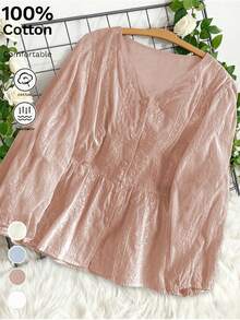 Áo blouse thêu tay dài cổ chữ V cạp cao ngọt ngào dành cho nữ, thích hợp mặc khi đi làm, mùa xuân và mùa thu - Bụi hồng - Xem 2