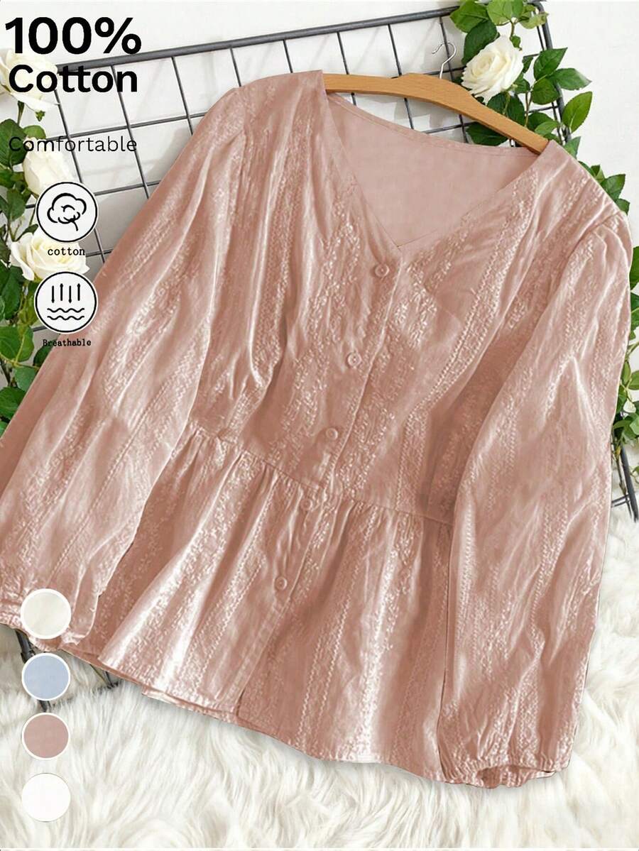 Áo blouse thêu tay dài cổ chữ V cạp cao ngọt ngào dành cho nữ, thích hợp mặc khi đi làm, mùa xuân và mùa thu