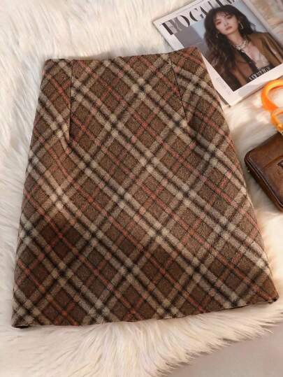 EARO Women's Plus Size Autumn/Winter New Versatile Woolen Plaid Retro Cinched Waist Commuter Fashionable Skirt