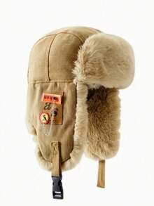 1pc Plush Plus Thickened Earmuffs Windproof Aviator Cap With Chain And Cloth Label For Men Women, Solid Color Casual Polyester Trapper Hat, Winter