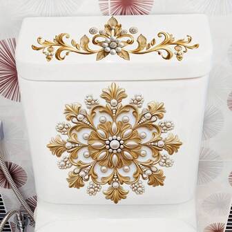1 pieza Pegatina para asiento de inodoro con patrón floral de perla dorada, con acentos de perla, adecuada para pegatinas de tanque de inodoro, pegatinas de decoración de baño, pegatinas de decoración del hogar, pegatinas de decoración de pared, pegatinas creativas, fácil de aplicar y quitar, artículo divertido, adecuado para decoración del hogar, accesorios del hogar, pegatinas de pared y decoración de pared, pegatinas de pared, decoración de arte, gran opción