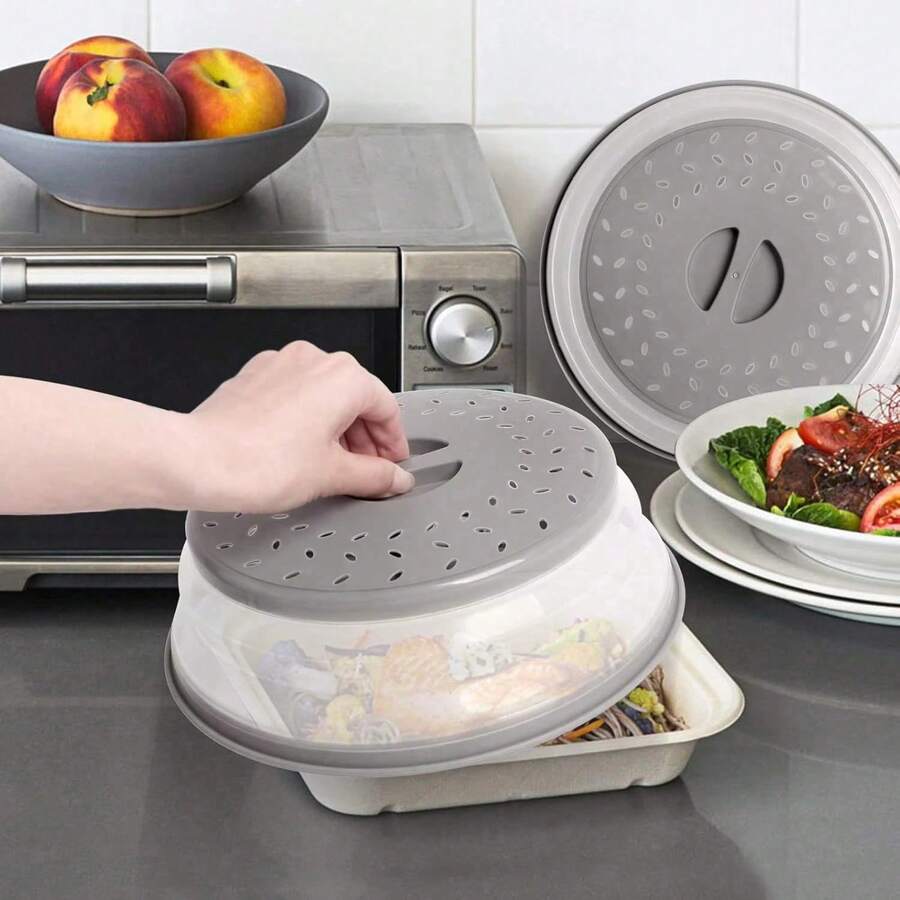 1PC Silicone Microwave Splatter Cover With Steam Vent, Gray Silicone And Plastic Microwave Food Cover, Prevents Splattering And Keeps Microwave Clean, Space-Saving Design, Easy To Clean And Store, Heat Resistant, Perfect For Reheating Food, Fits Most Standard Size Plates And Bowls. - 彩色 - 查看 1