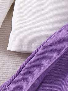 Set de 2 piezas de top acanalado con lazo y falda plisada de pana para niñas, estilo escolar elegante, para primavera/otoño - Morado - Ver 7