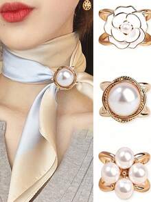 3PCS Ladies Fashion Gold Faux Pearl Silk Scarf Combination Buckle Corner Knot Ring Multi-Functional Scarf Fixed Buckle Women Brooch - Vàng - Xem 5