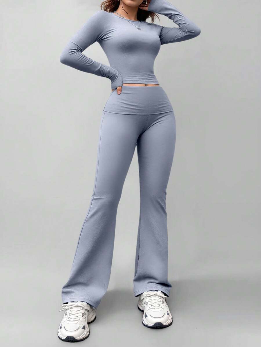 Women's Casual Round Neck Long Sleeve T-Shirt And Pants Set, Versatile For Spring - Baby Blue - View 1