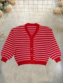 Plus Size Women V-Neck Sweater, Casual Colorblock Striped Lantern Sleeve Drop Shoulder Cardigan, Suitable For Autumn, Winter, Spring Break, Valentine's Day Outfits - Red - View 6