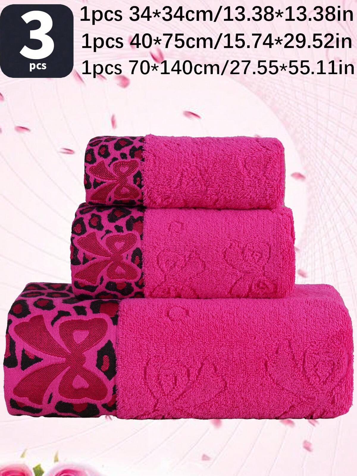 QIBHI 1/2/3pcs Optionnel, Serviette de bain/Serviette de visage/Serviette de main en coton éponge jacquard avec nœud 100% coton, Cadeau de la Saint-Valentin, Bordure en satin imprimé léopard, Serviette de bain en pur coton doux et absorbant, Serviette de salle de bain légère et douce, Serviette pour invités, Convient pour la salle de bain, l'hôtel, la salle de sport, les voyages, les cadeaux, le salon, les sports, l'extérieur, la plage, l'école, la rentrée scolaire, les accessoires de voyage, le 4
