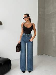 SQUALO Women's Wide Leg Color With Pocket Details Destroyed Retro Washed Street Style Jeans Ripped And Cutout Wide Leg Jeans - Royal Blue - View 5